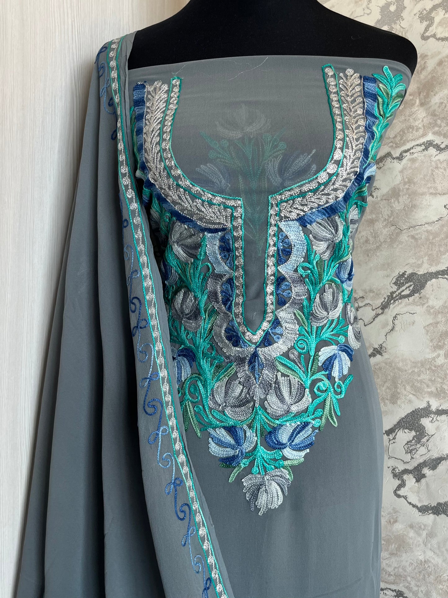 Grey Georgette 2Pc Aari Embroidered Suit Set