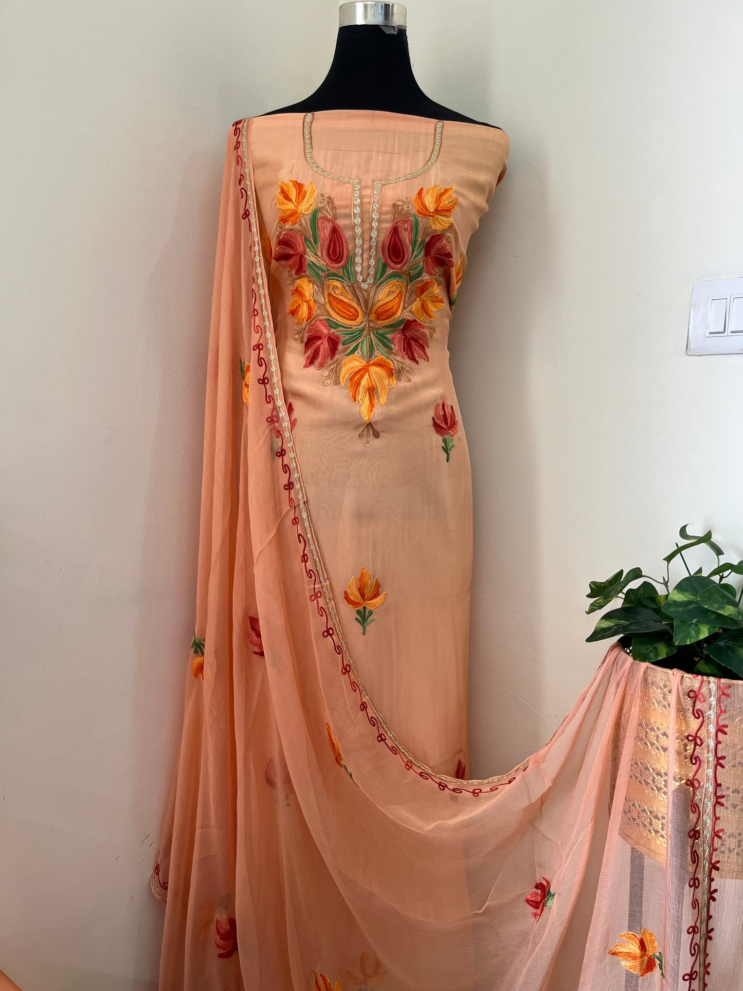 Peach Opada Silk Kashmiri Suit
