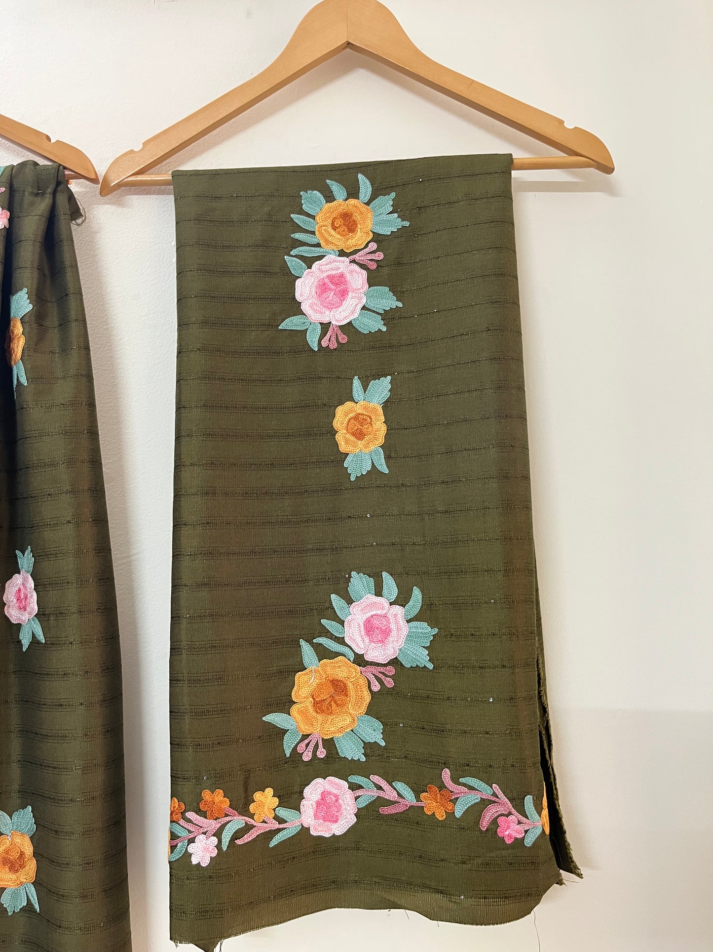 Henna Green Muslin Cotton Striped Sequin Pattern Unstitched Co-ord Set
