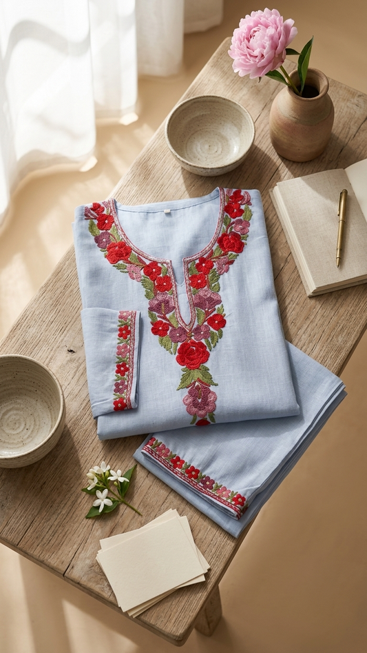 Ice Blue Cotton Stitched Co-ord Set (44)