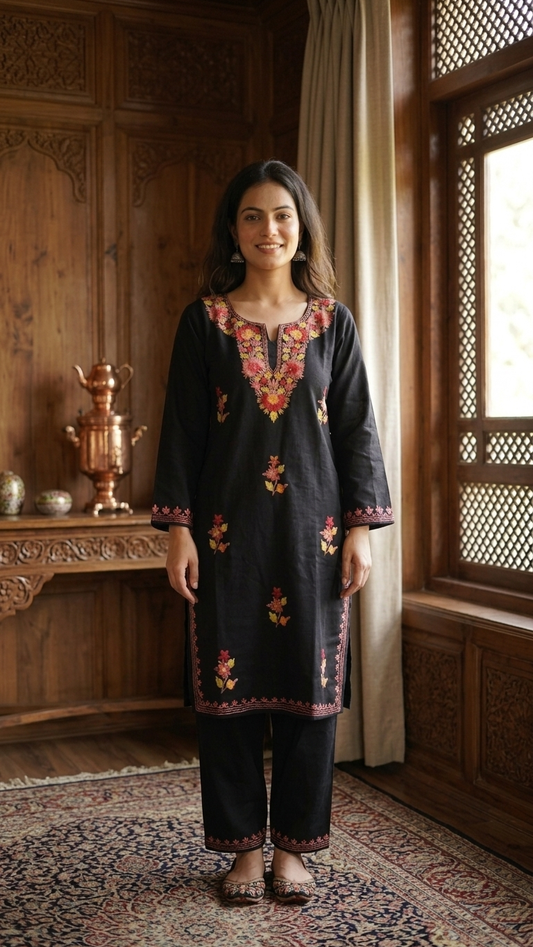 Black Woollen Kashmiri Co-Ord Set ( Size 36)