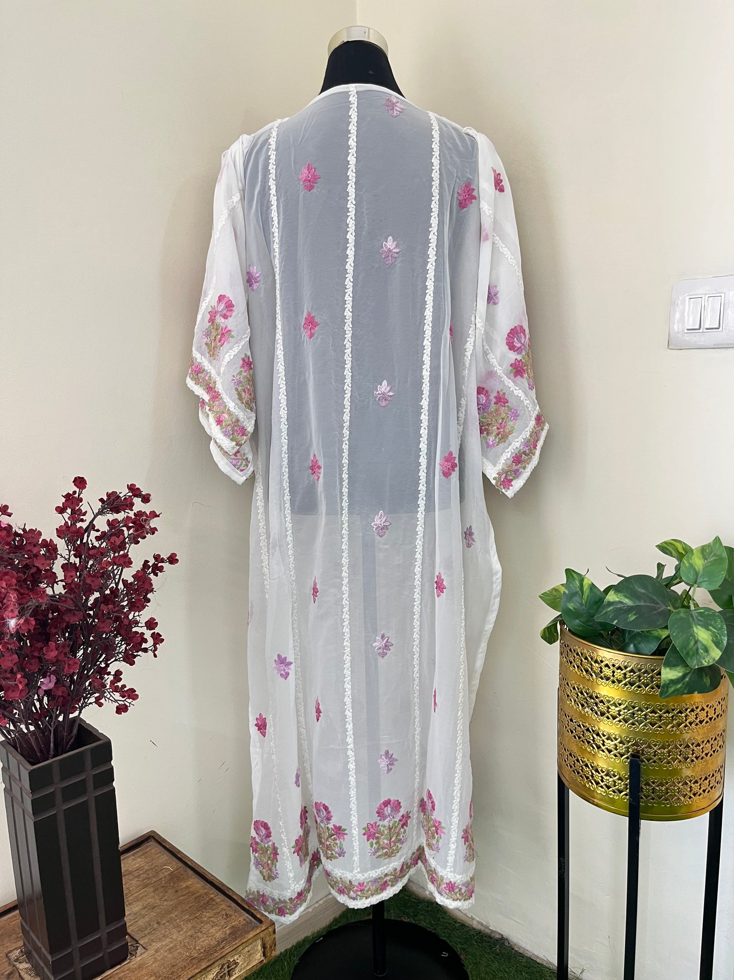 Off White Georgette All over Work Aari Embroidered Unstitched Kurta