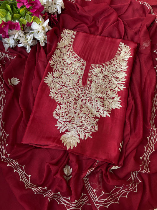 Maroon Silk Tilla Kashmiri Suit