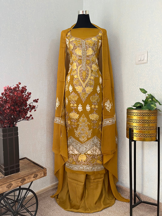 Mustard Pure Georgette 3 Pc Heavy Kashmiri Suit