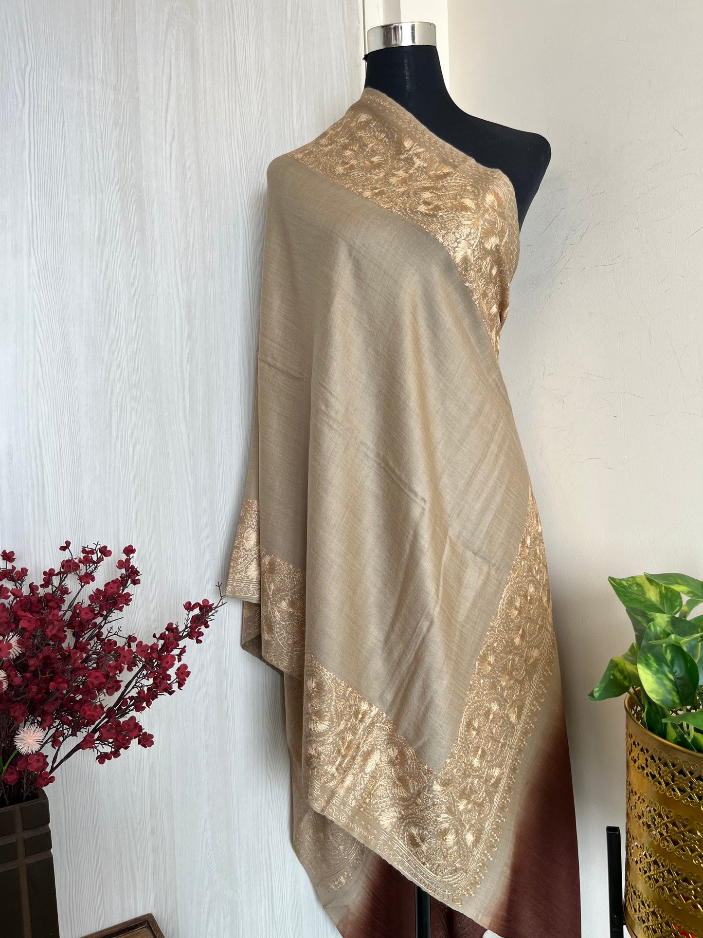 Beige Brown Silk Thread Border Embroidered Fine Semi Pashmina stole