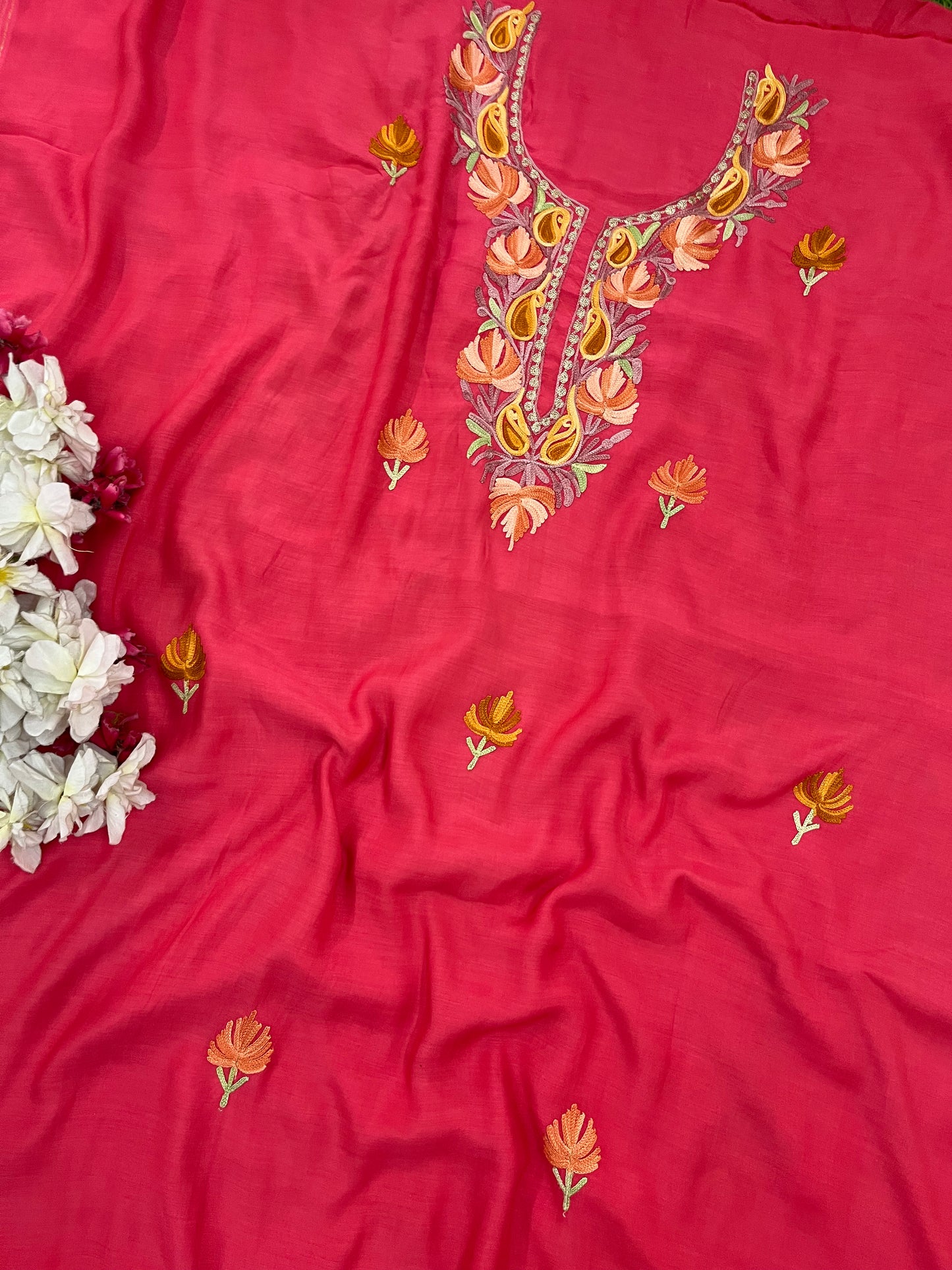 Carrot Red Muslin Cotton Jaal Sleeves Kashmiri 3pc Suit