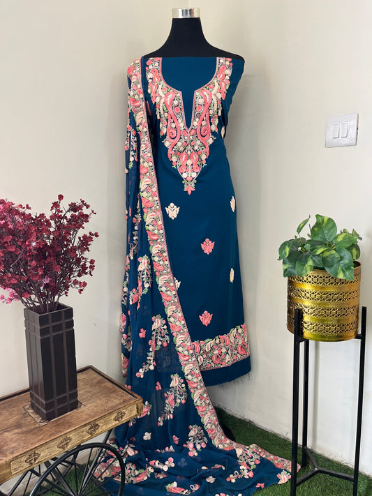 Blue Rayon Cotton Kashmiri 3pc set