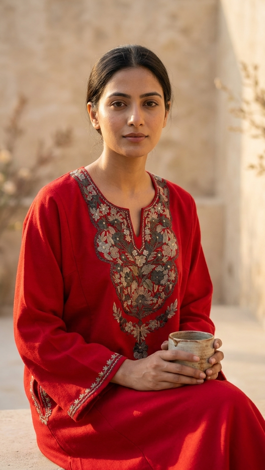 Red Aari Embroidered Wool Pheran