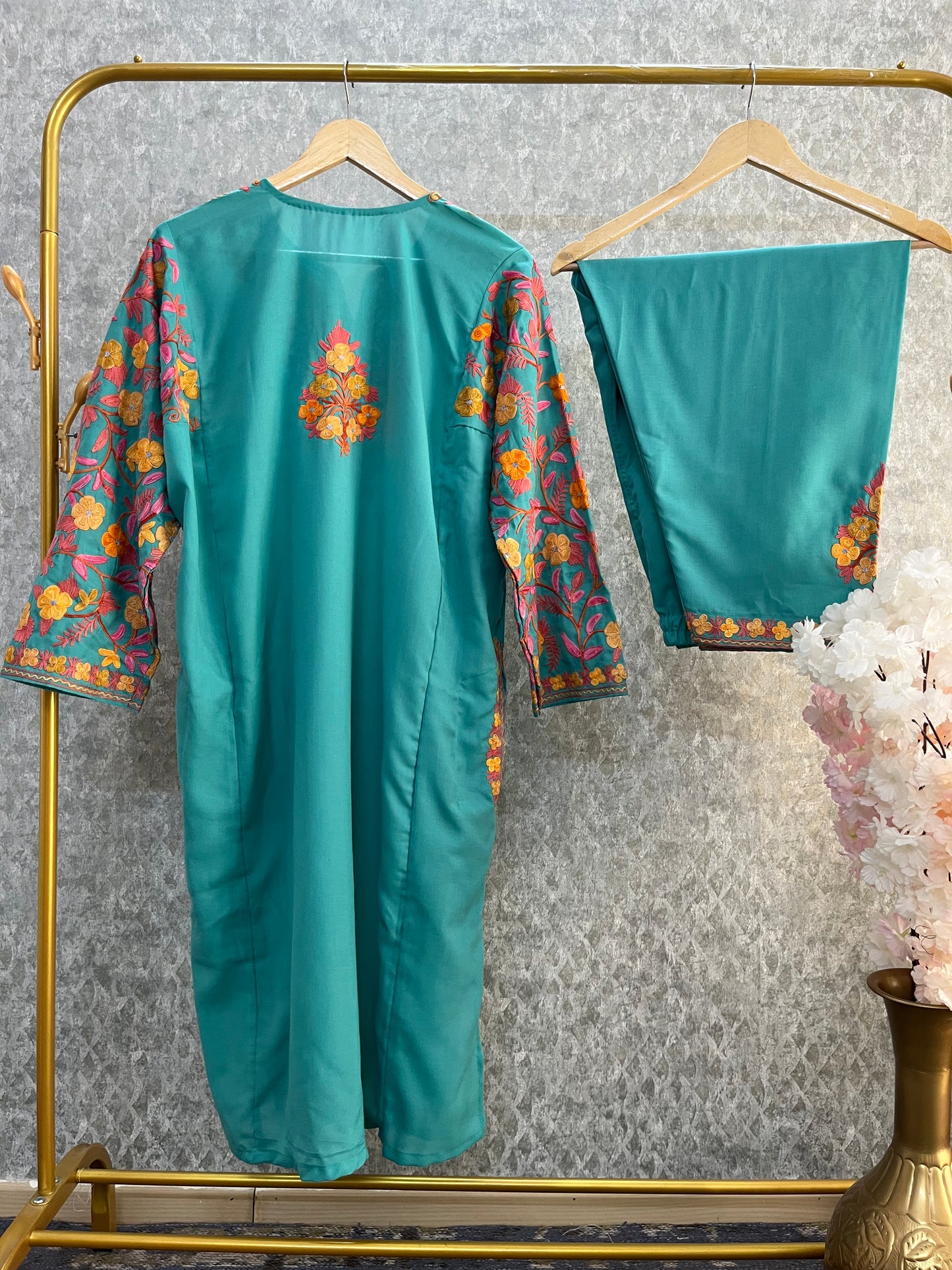 Sea Green Cotton Arm Jaal Pheran Set