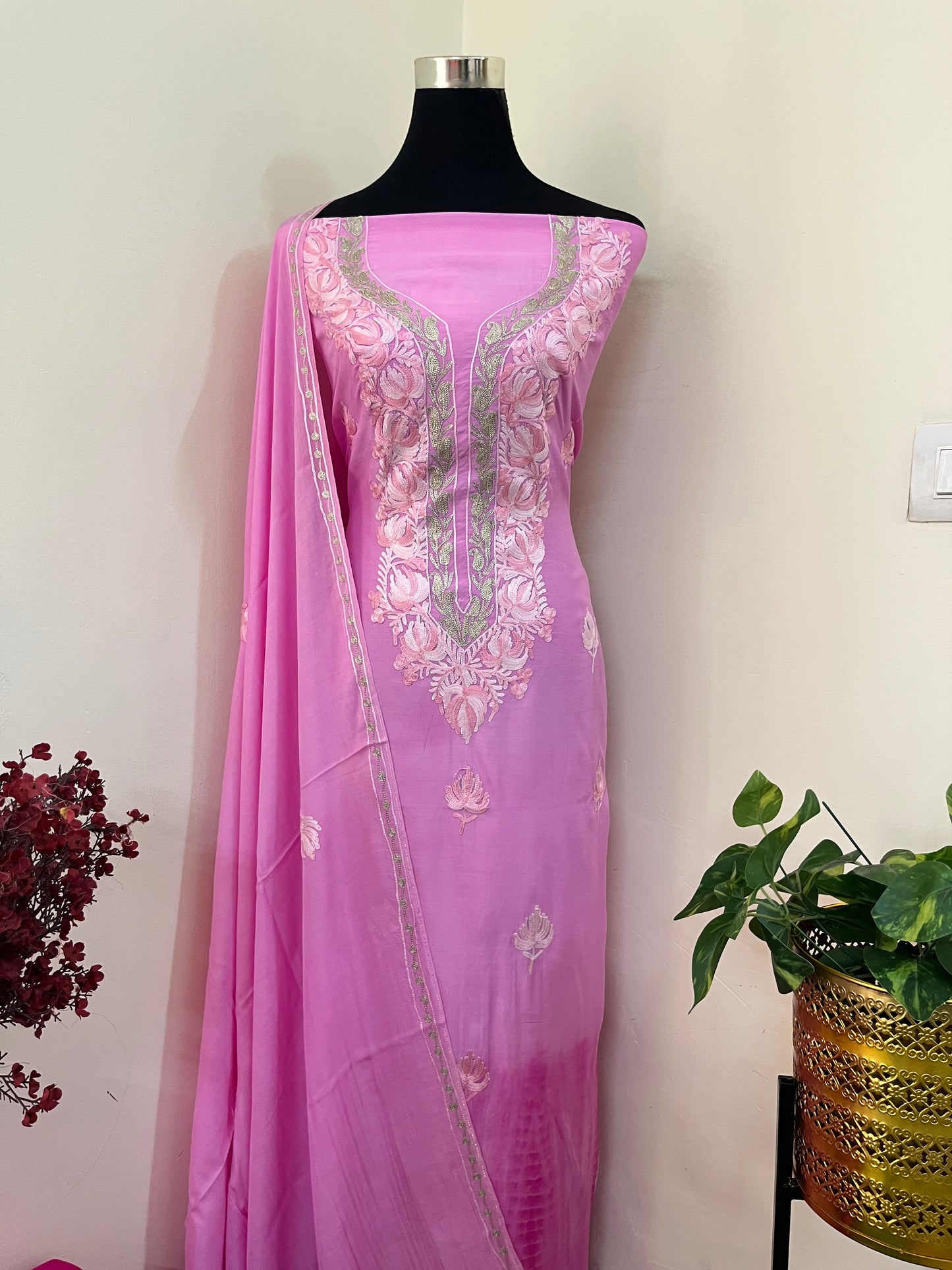Mauve Mul Cotton Shibori Work Kashmiri 3pc Suit
