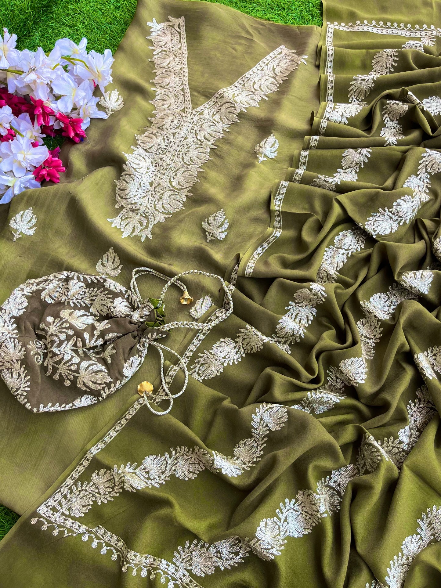 Sanam Heena Green Silk Kashmiri Suit with Potli
