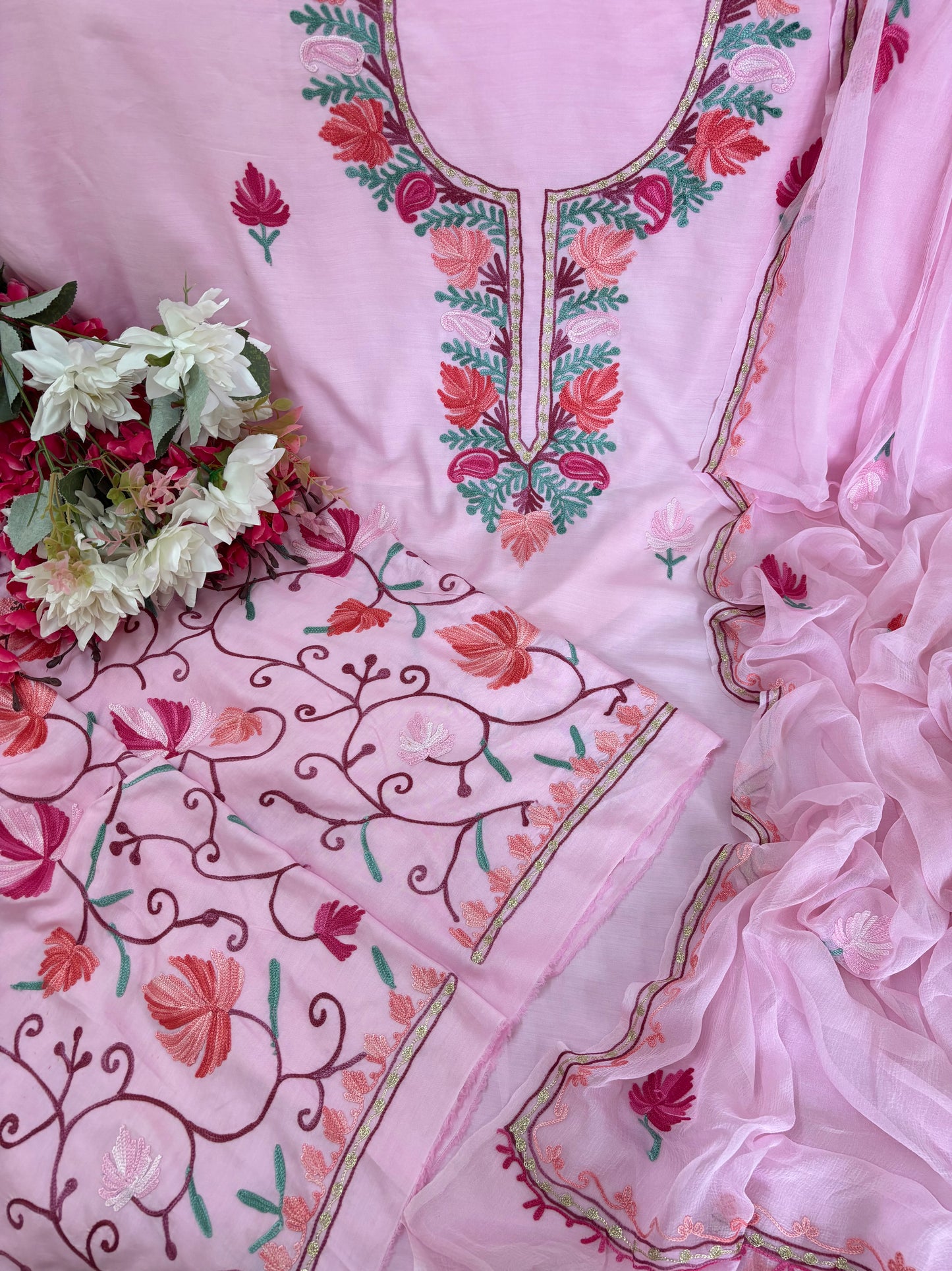 Soft Pink Muslin Cotton Jaal Sleeves Kashmiri 3pc Suit