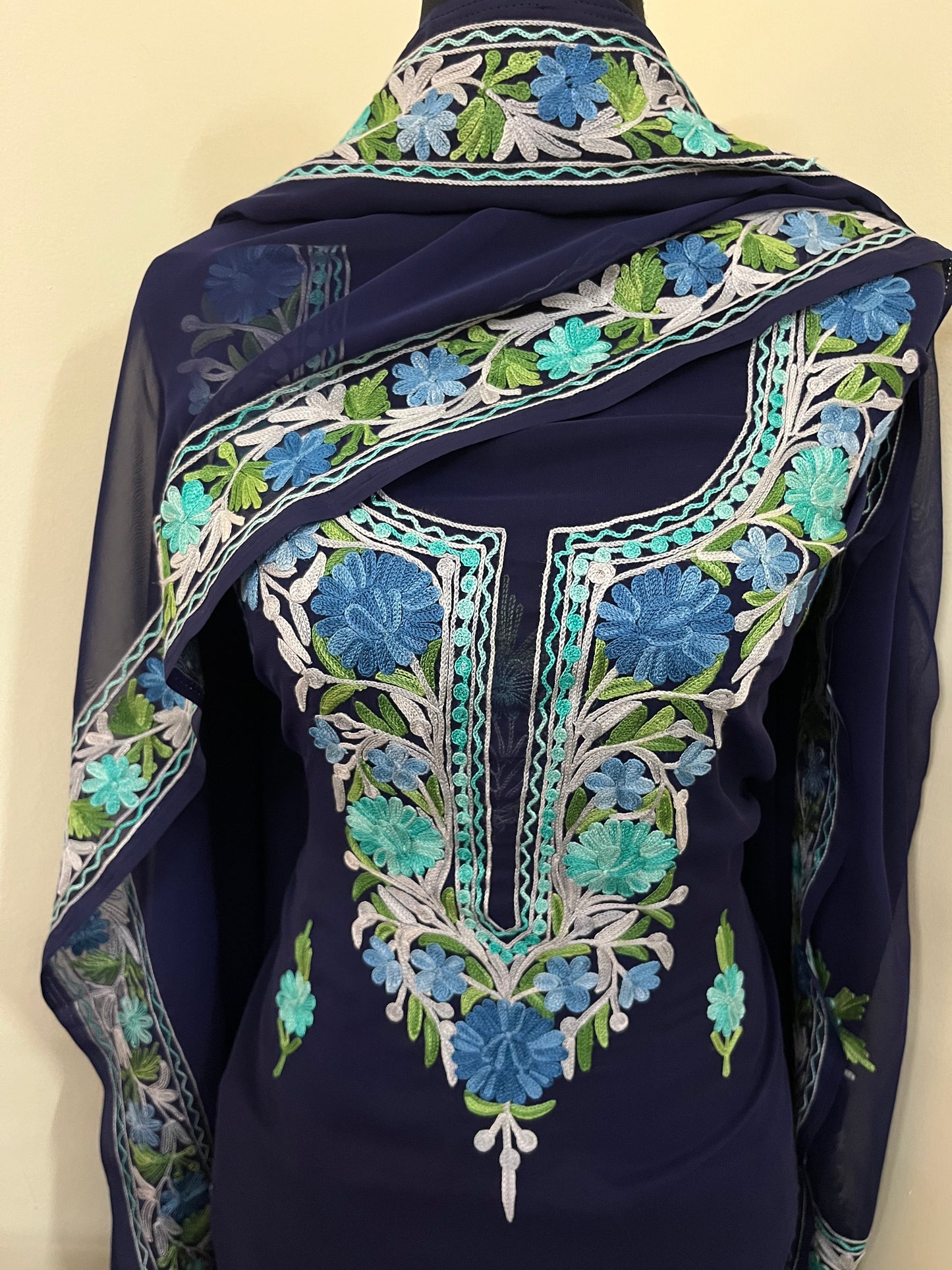 Blue Georgette 3 Pc Aari Embroidered Suit Set