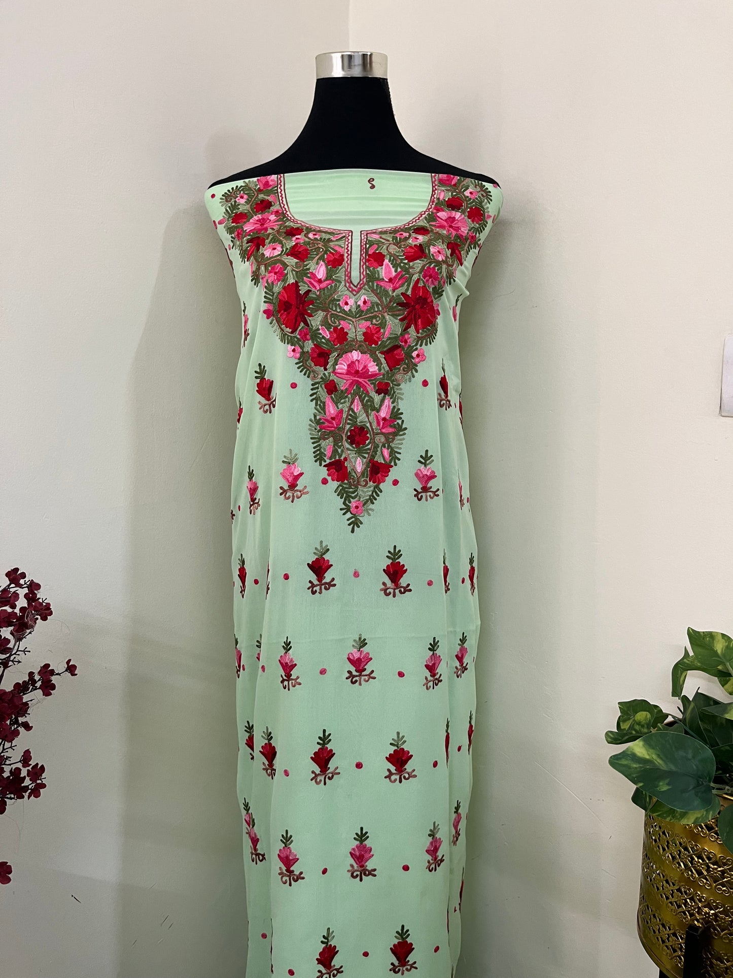Tea Green Georgette Kashmiri Kurta Material
