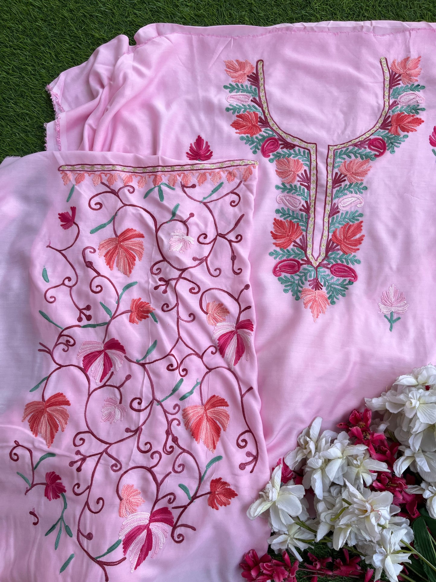 Soft Pink Muslin Cotton Jaal Sleeves Kashmiri 3pc Suit