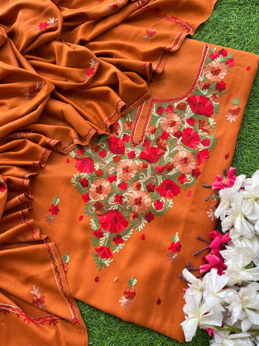 Orange Woollen Aari Embroidered 3pc suit