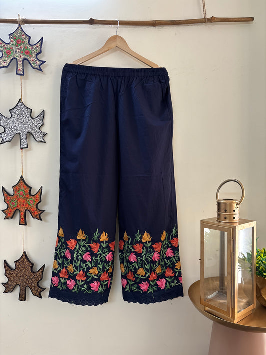 Women Navy Blue Hem Design Straight Aari Embroidered Palazzos ‘S’