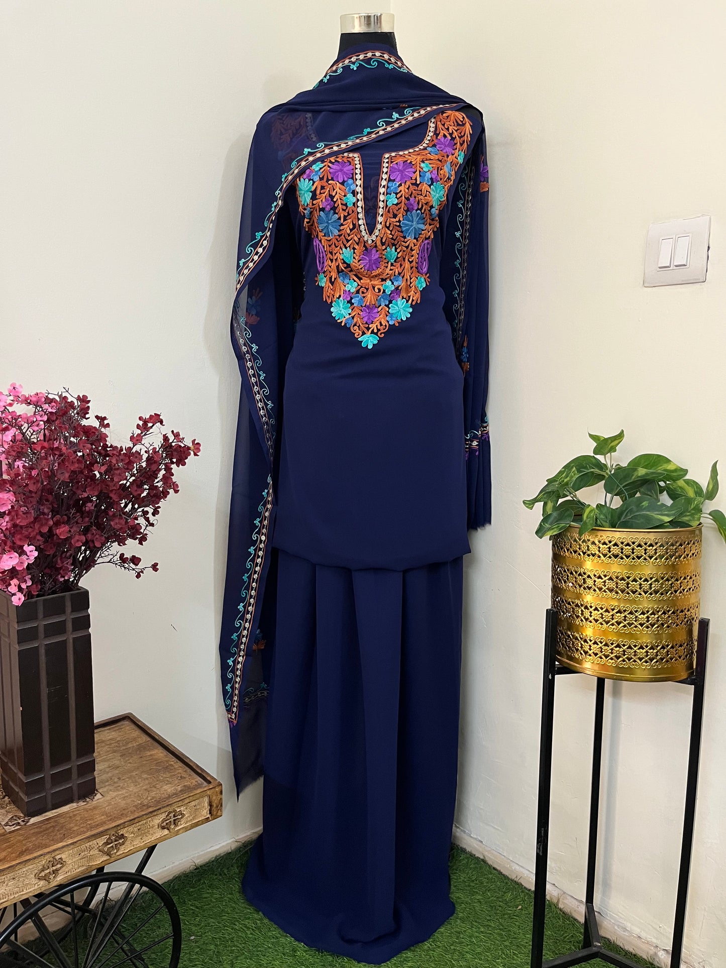Blue Georgette 3 Pc Aari Embroidered Suit Set