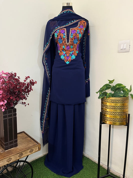 Blue Georgette 3 Pc Aari Embroidered Suit Set