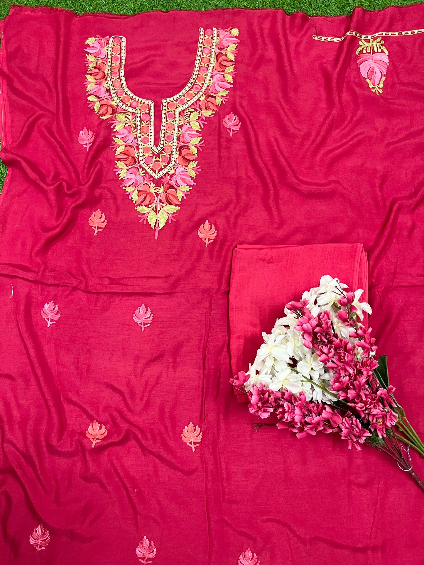 Red Muslin Cotton Aari Embroidered 3pc set