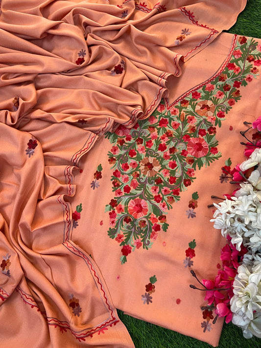 Peach Woollen Aari Embroidered 3pc suit