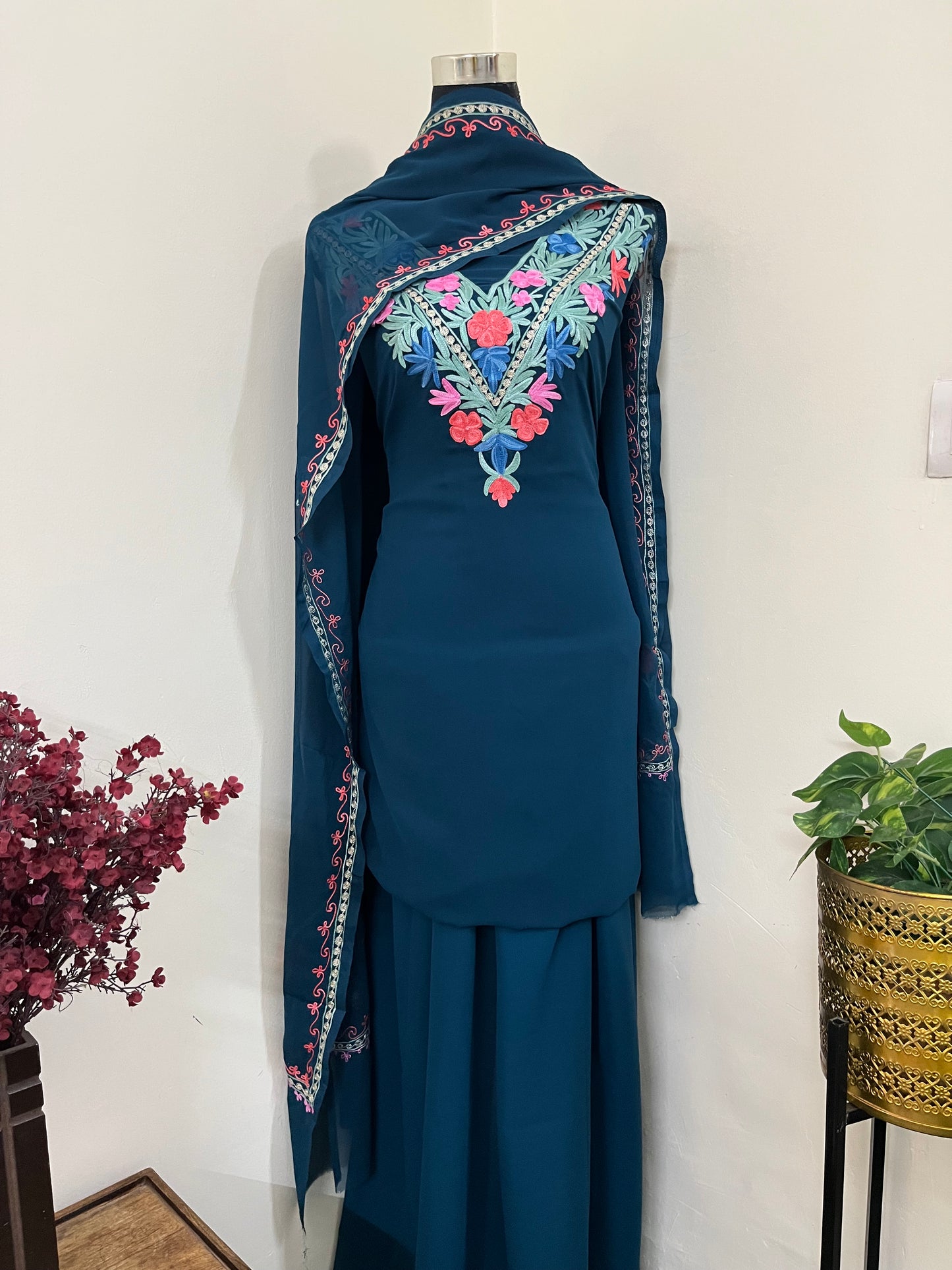 Teal blue Georgette 3 Pc Aari Embroidered Suit Set