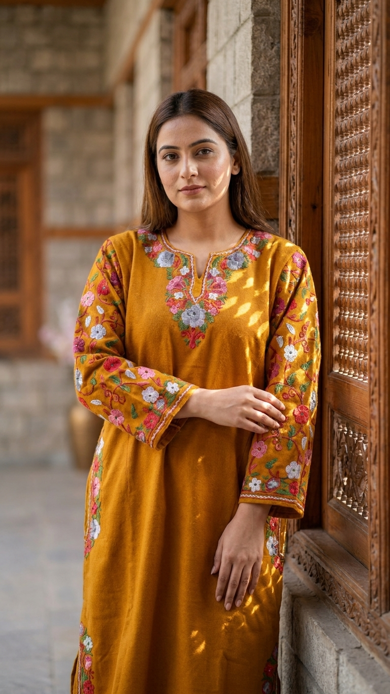 Mustard Aari Embroidered Wool Pheran