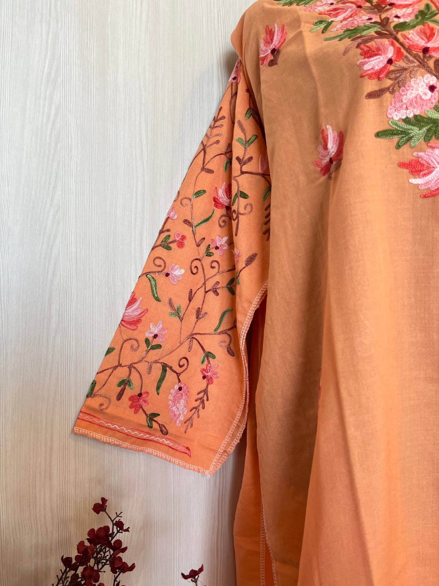 ‘Bageecha’ Peach Cotton Semi Stitched Cream Aari Work Kurti