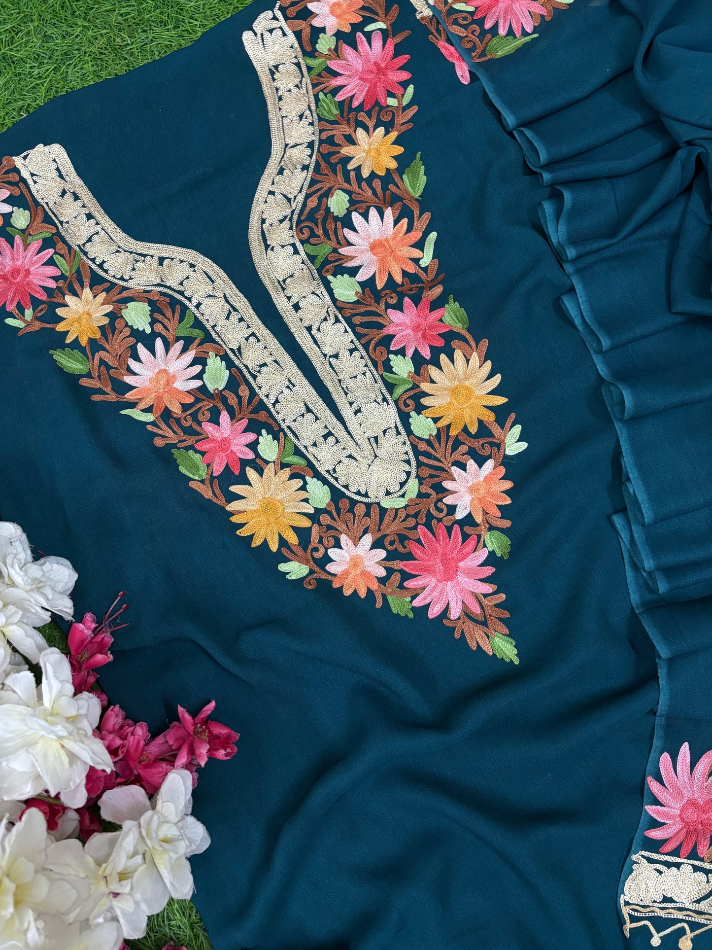 Peacock Blue Pure Georgette Kashmiri Suit
