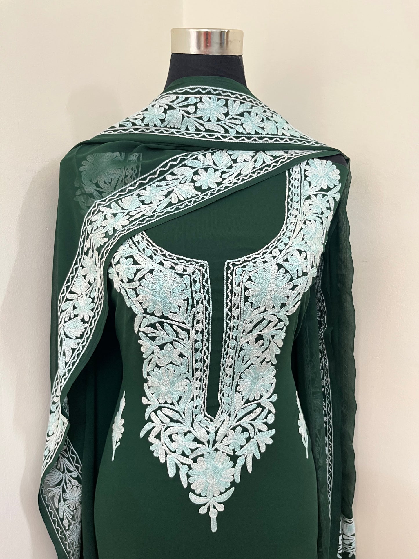 Georgette Green 3 Pc Aari Embroidered Suit Set