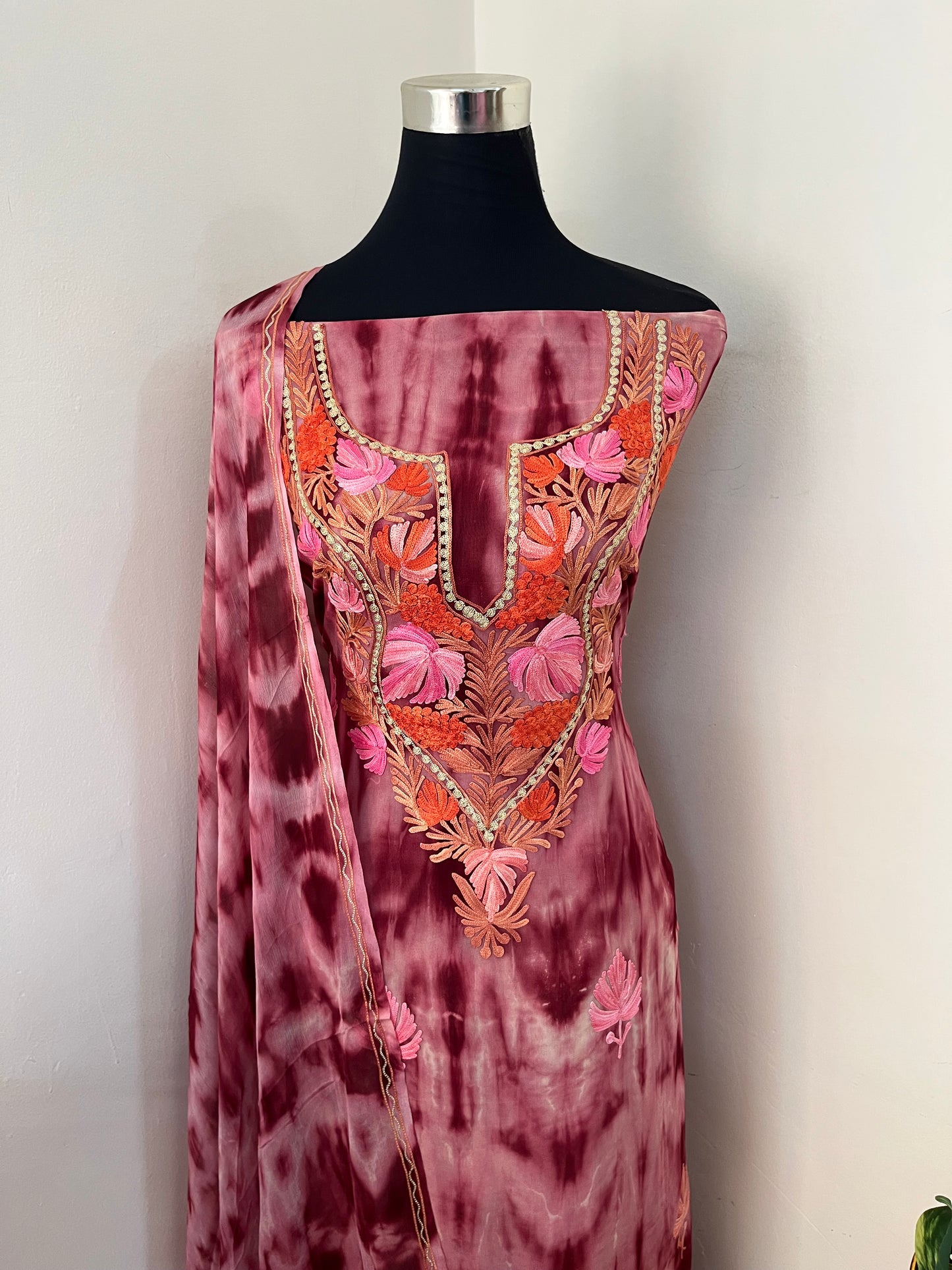 Cherry Red Pure Georgette Ty Dy Kashmiri Suit
