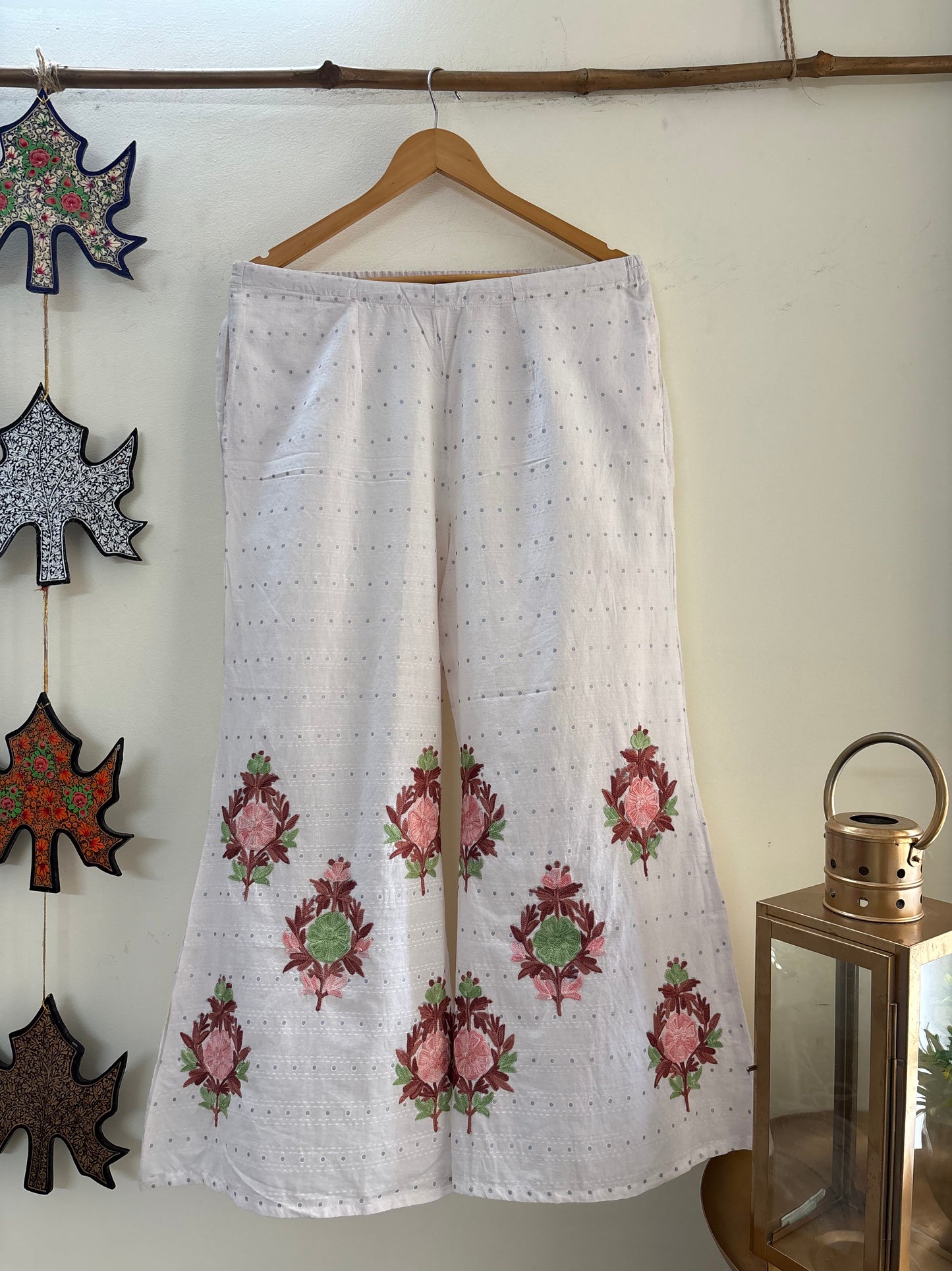 Women Off White Aari Embroidered Palazzos