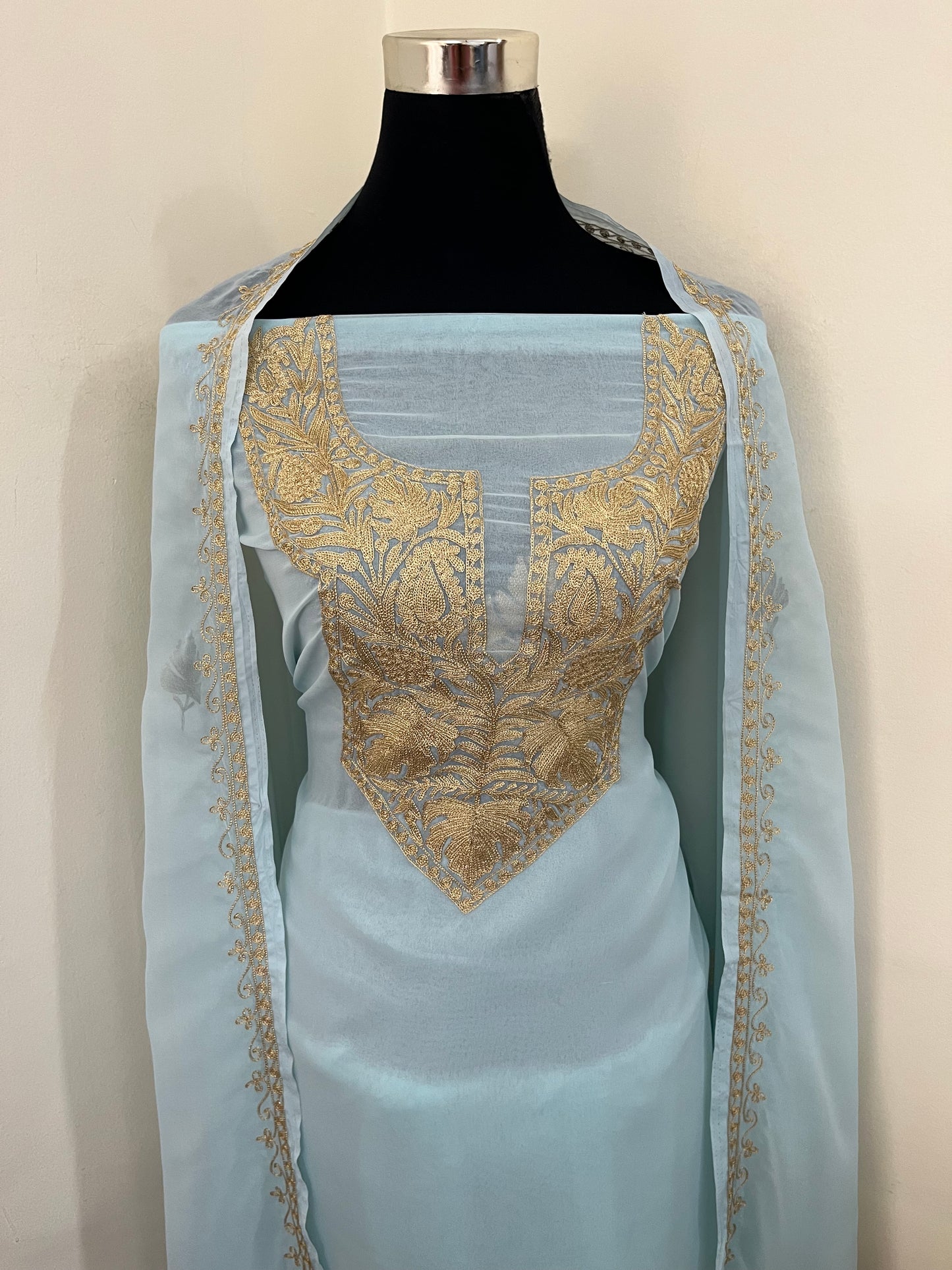 Sky blue Georgette 3pc Kashmiri Tilla Suit