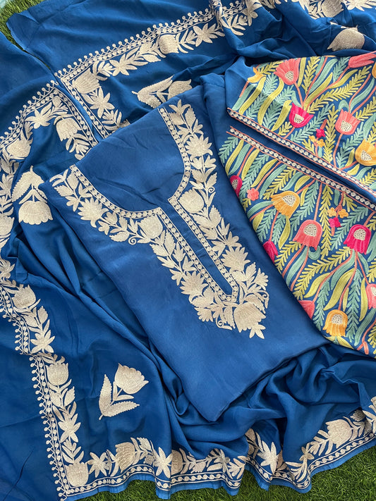Blue Kalaa’ Crape Kashmiri Suit (Aari Sleeves)