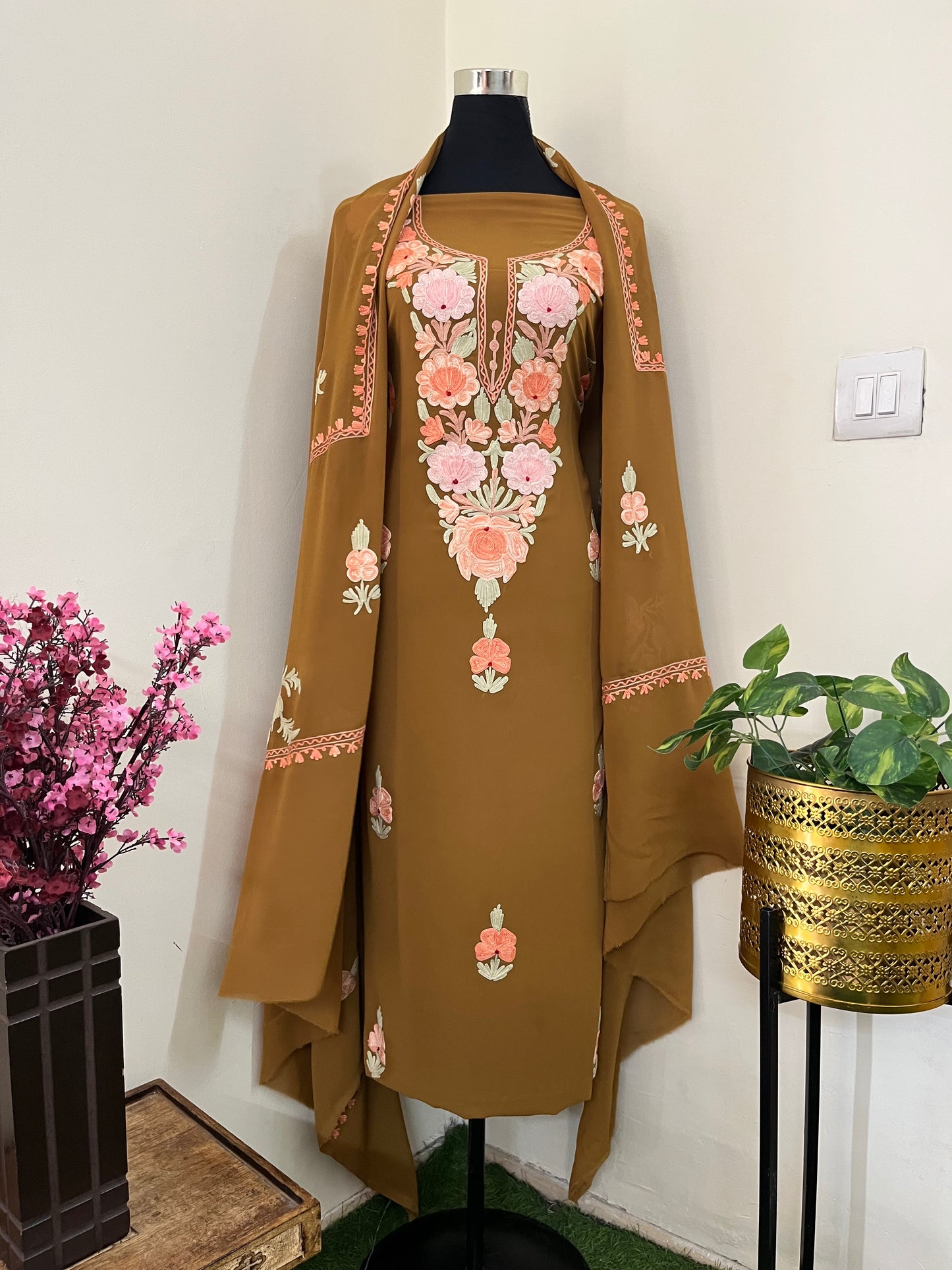 Coffee Brown Georgette 3 Pc Aari Embroidered Suit