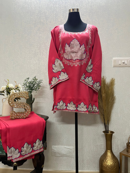 Carrot Pink Woollen Kashmiri Co-Ord Set ( Size 44)