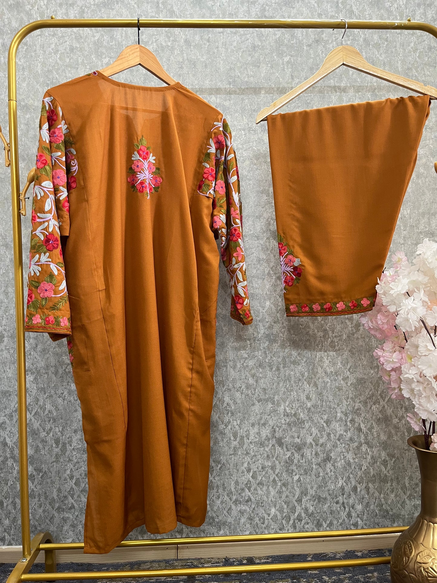 Mustard Brown Cotton Arm Jaal Pheran Set