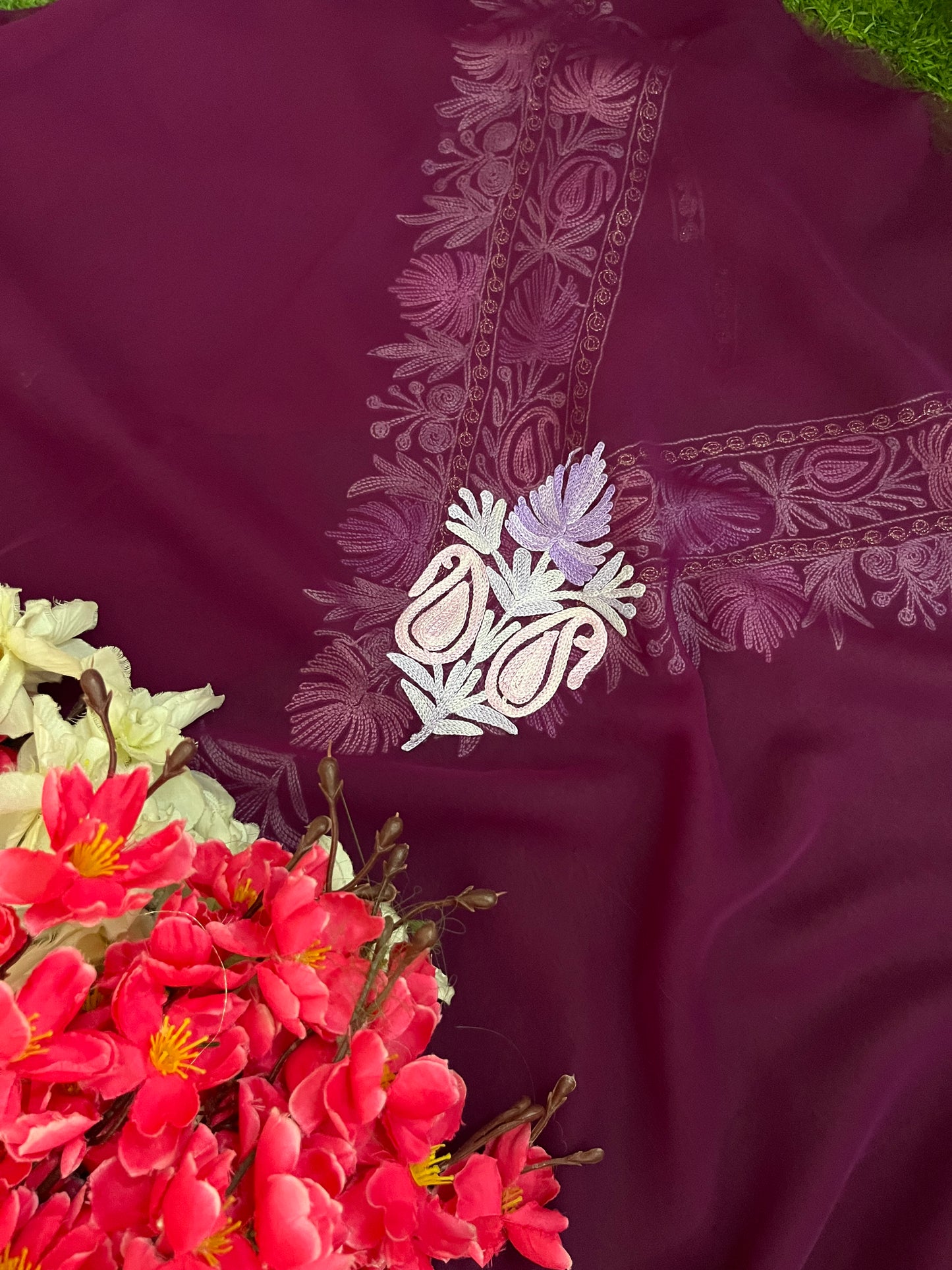 Wine Georgette 3 Pc Aari Embroidered Suit Set