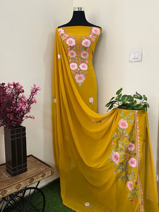 Mustard Georgette 3 Pc Aari Embroidered Suit