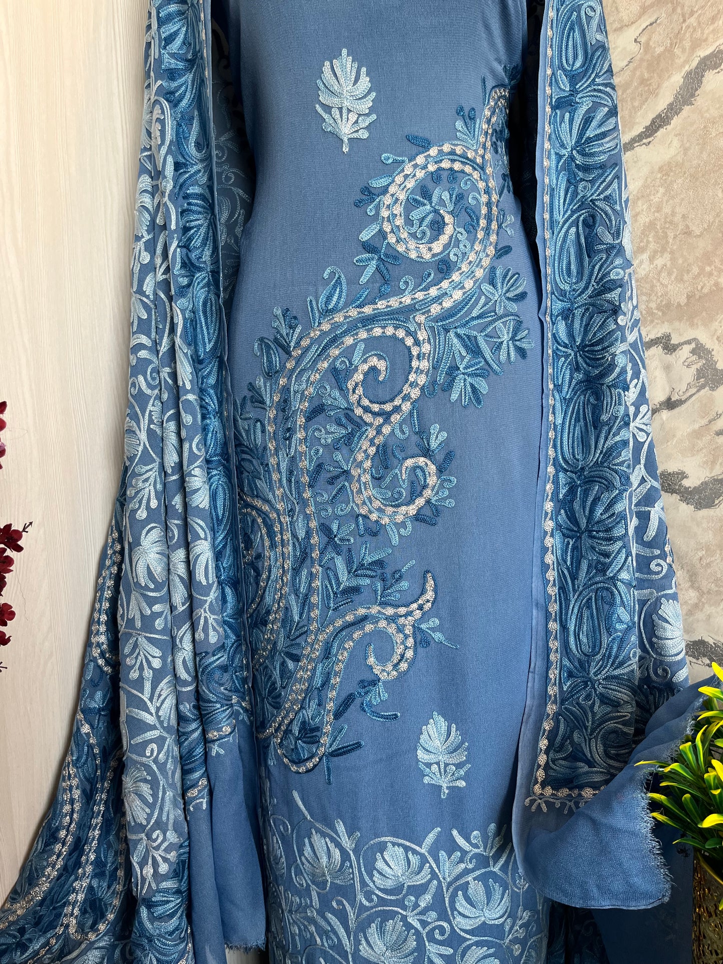 Blue Pure Georgette Aari Embroidered Suit