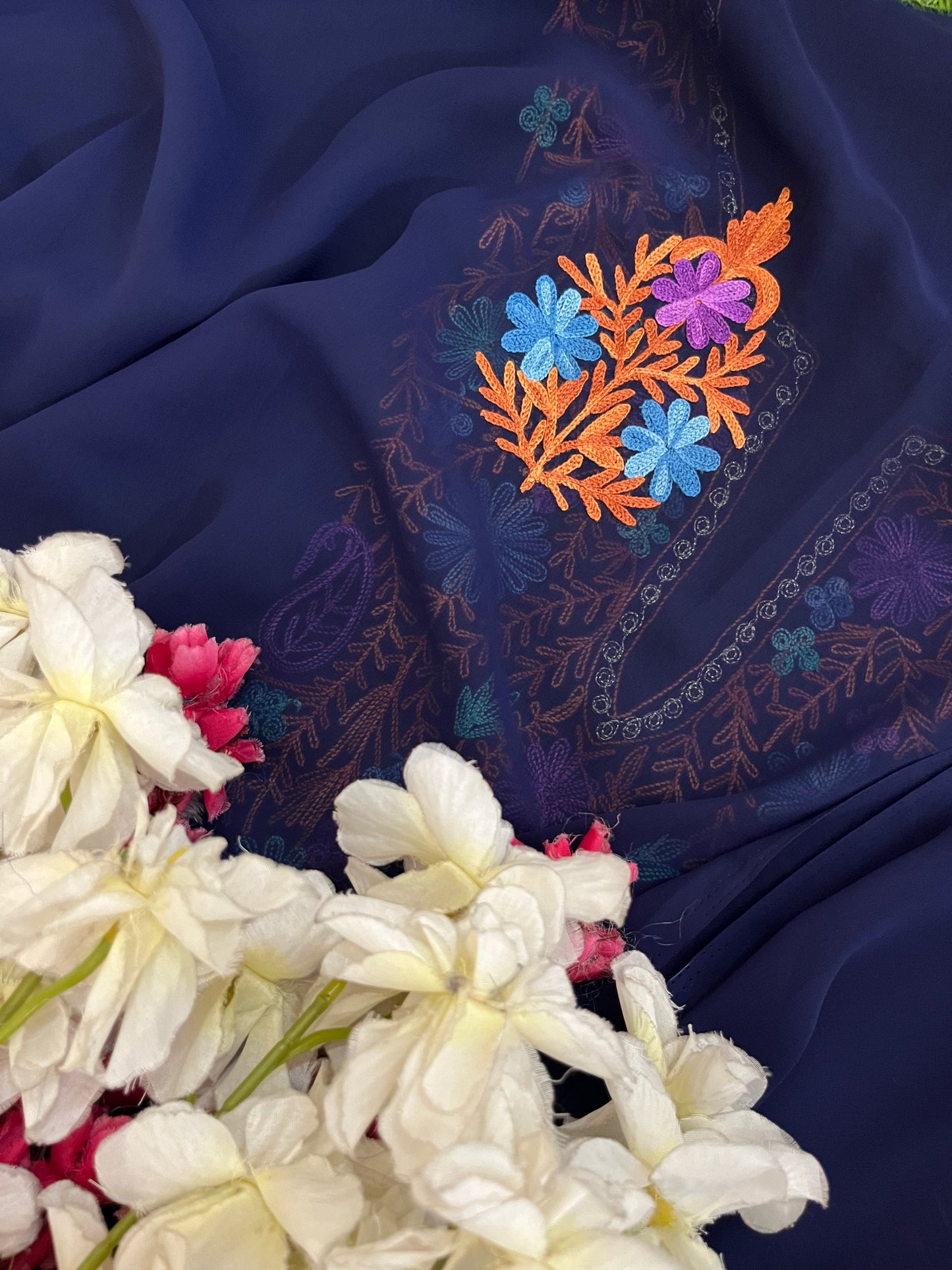 Blue Georgette 3 Pc Aari Embroidered Suit Set