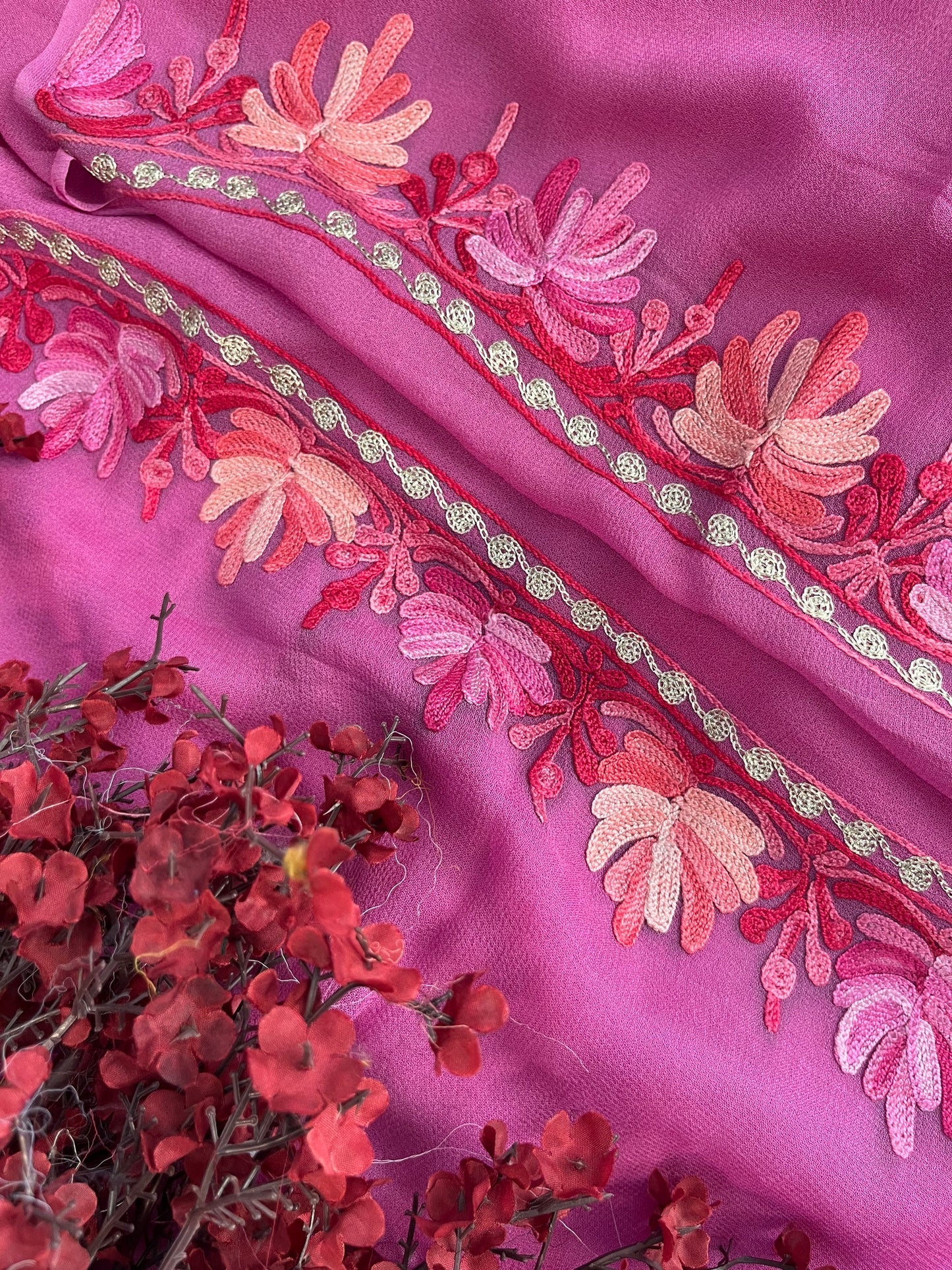 Mauve Pure Georgette Aari Embroidered Suit