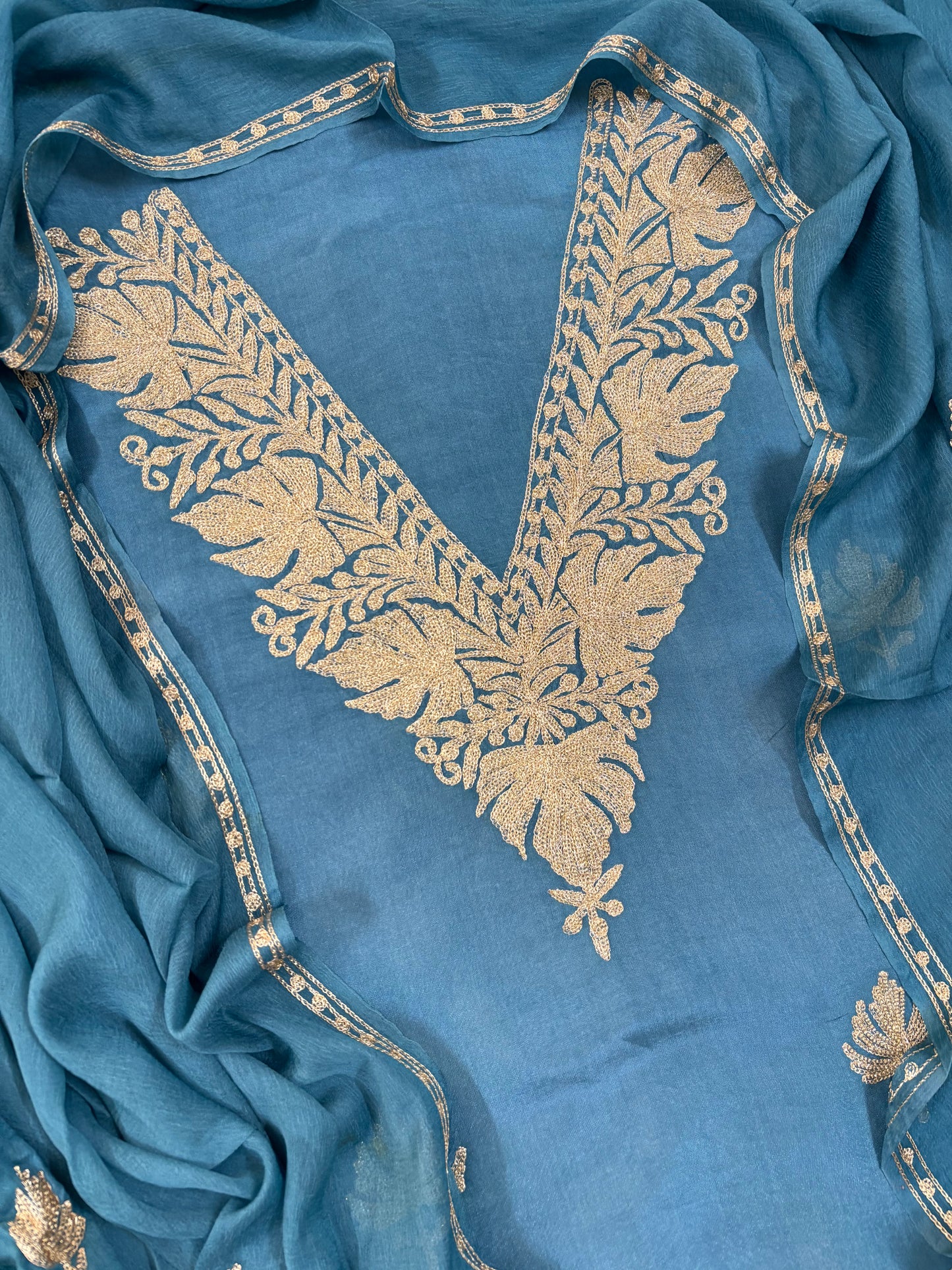 Sanam’ Pastel Blue Silk Tilla Kashmiri Suit