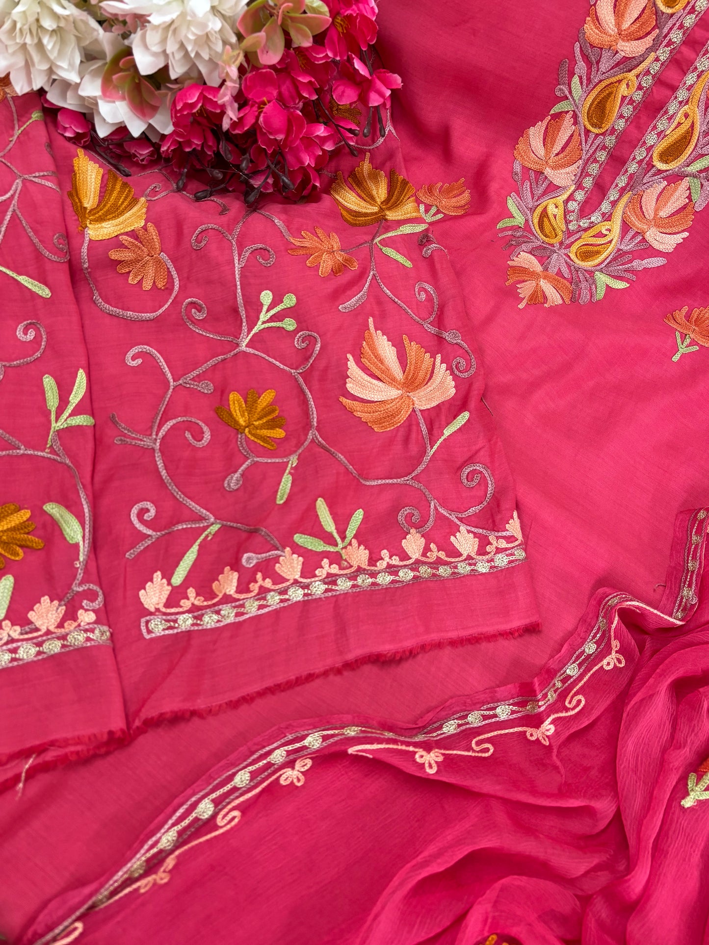 Pink Muslin Cotton Jaal Sleeves Kashmiri 3pc Suit