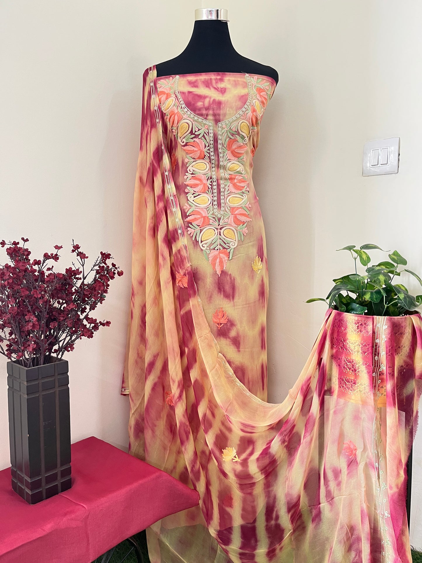 Yellow Pink Pure Georgette Ty Dy Kashmiri Suit