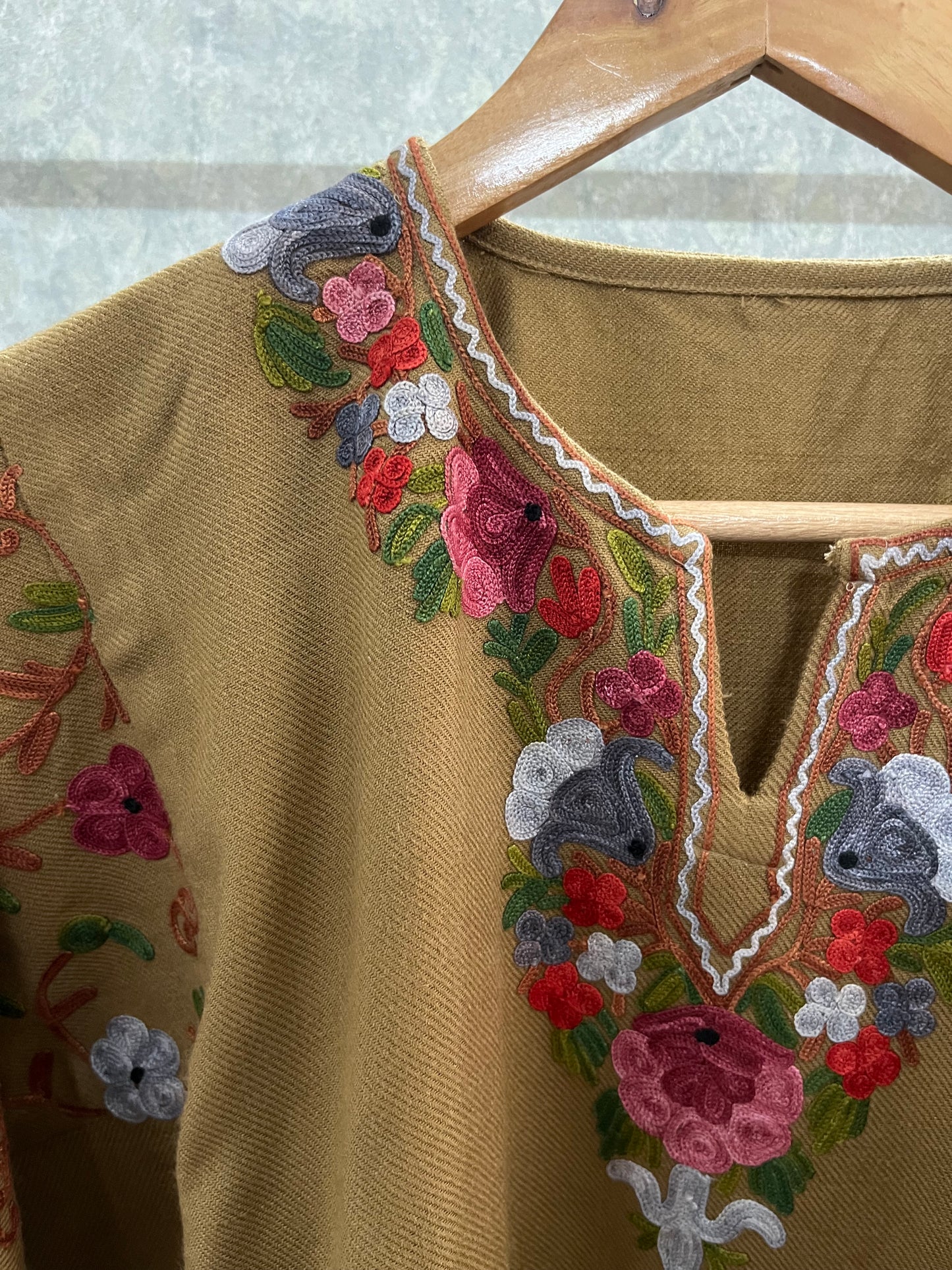 Beige Aari Embroidered Wool Pheran