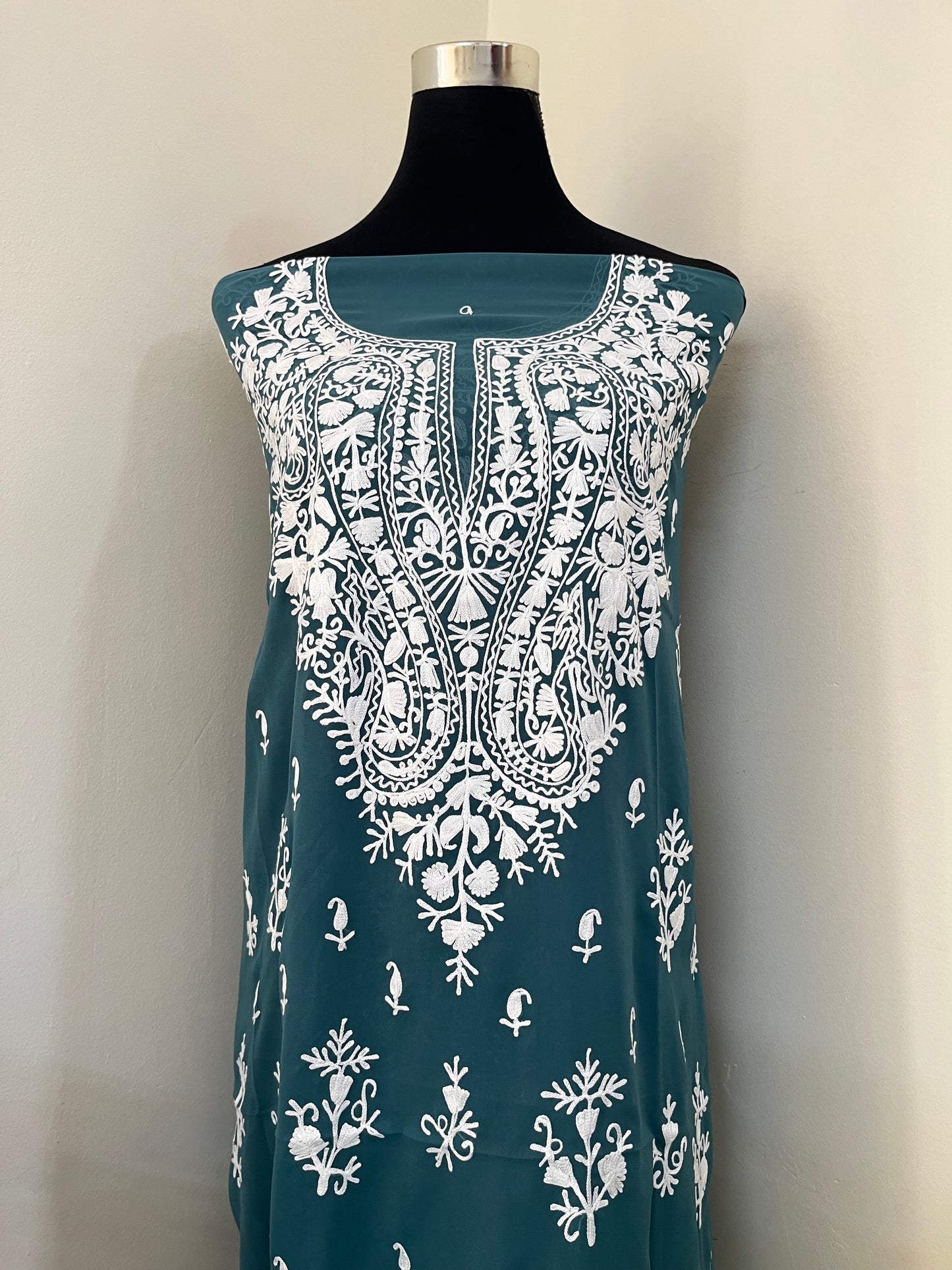 Teal Green Georgette Kashmiri Unstitched Kurta Material