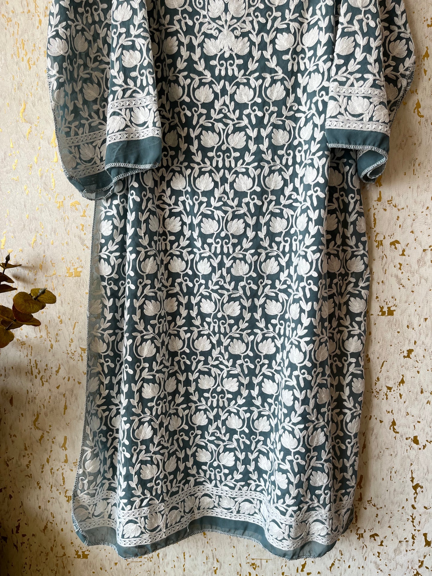 Sapphire Blue Georgette Jaal Work (Front & Back) Aari Embroidered Semi Stitched Kurta