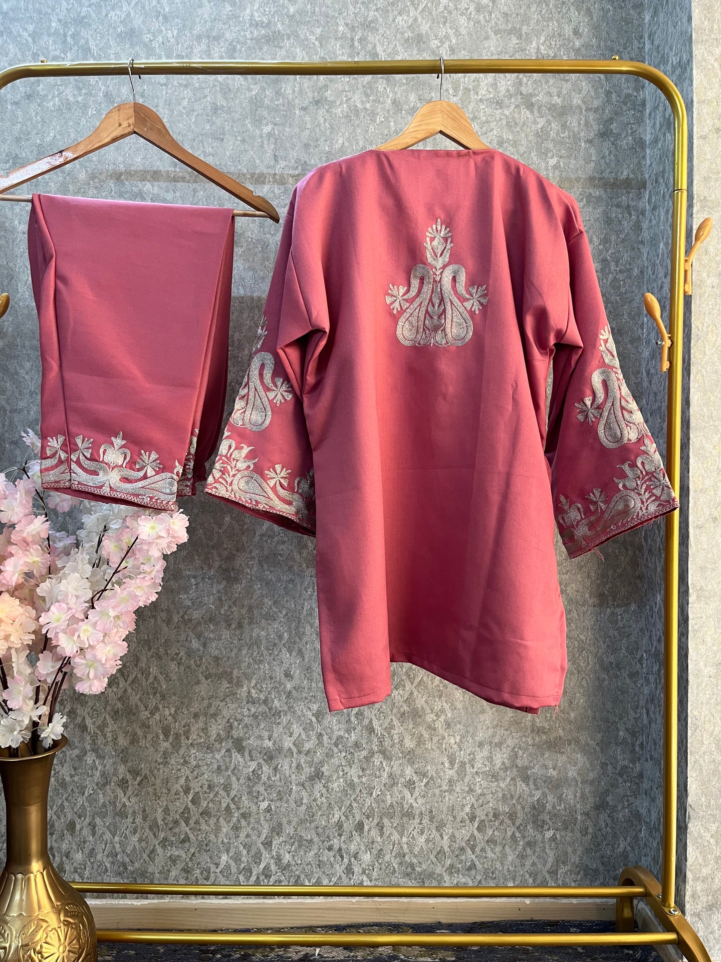 Pink Woollen Kashmiri Co-Ord Set ( Size 46)