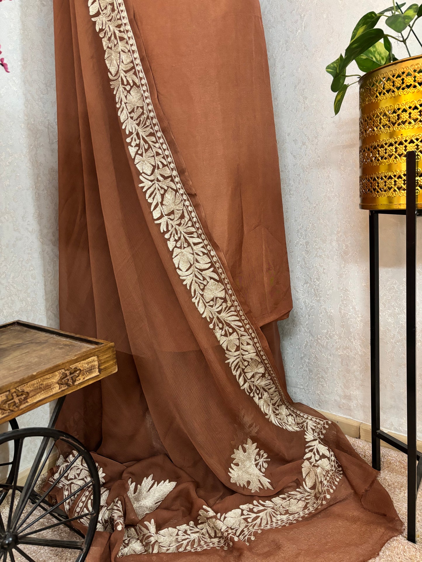 Soft Brown Tilla Kashmiri Silk Suit